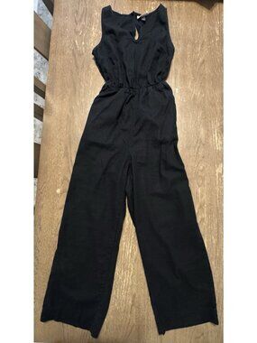 Sleeveless Black Linen One Piece Romper Black XS Pockets Elastic Waist Cut Out